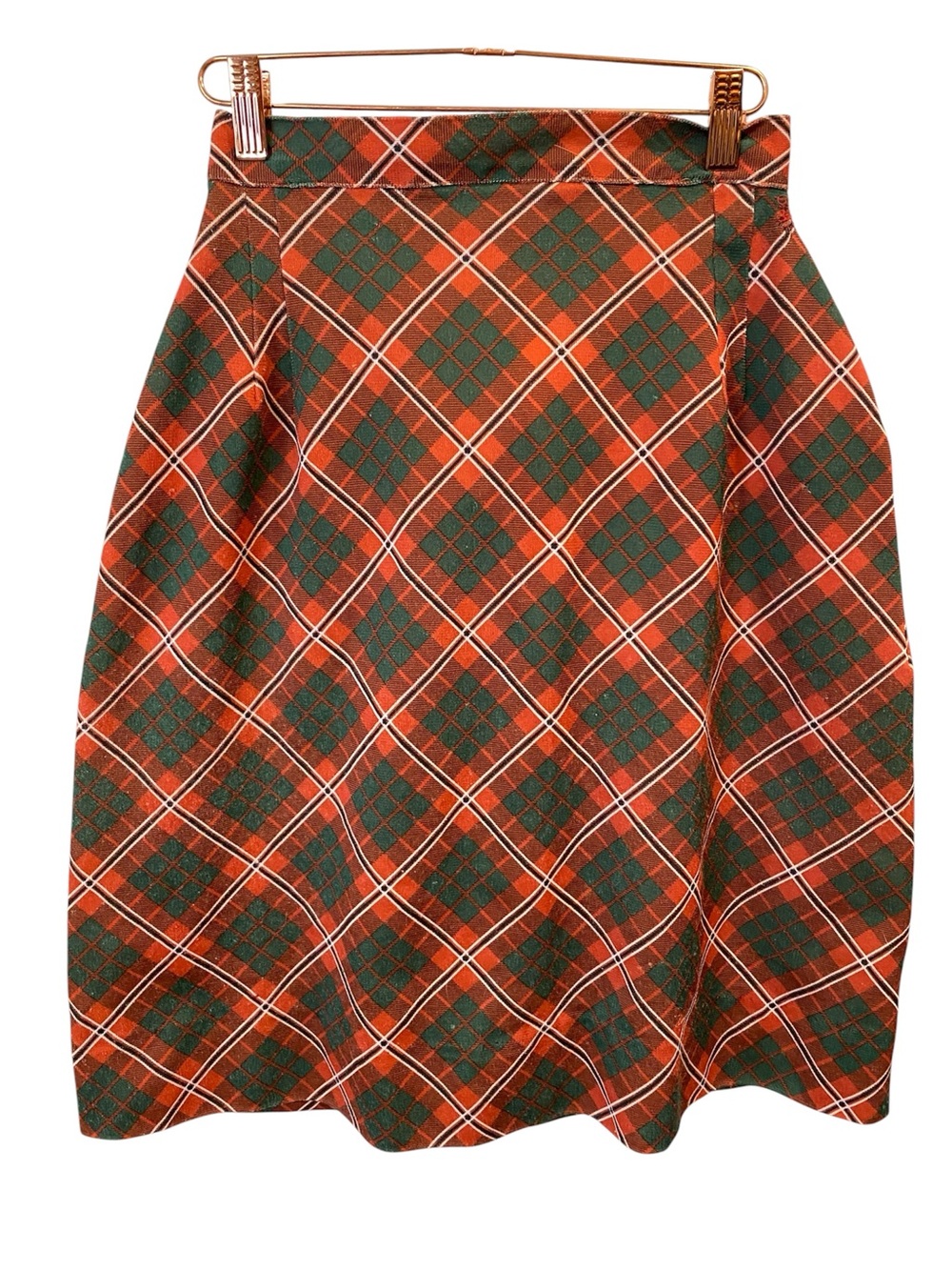 Vintage Mod 1960s 70s Polyester Plaid Skirt Orange Green